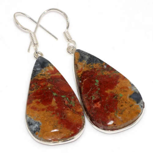 Natural Maligano Jasper Pear Gemstone set in .925 Sterling Silver Plated Handmade Earrings