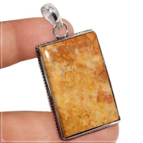 Natural Maligano Jasper Rectangle Gemstone set in .925 Sterling Silver Plated Pendant