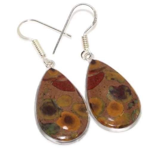 Natural Bamboo Jasper Pear Shape Gemstone .925 Sterling Silver Plated Handmade Earrings
