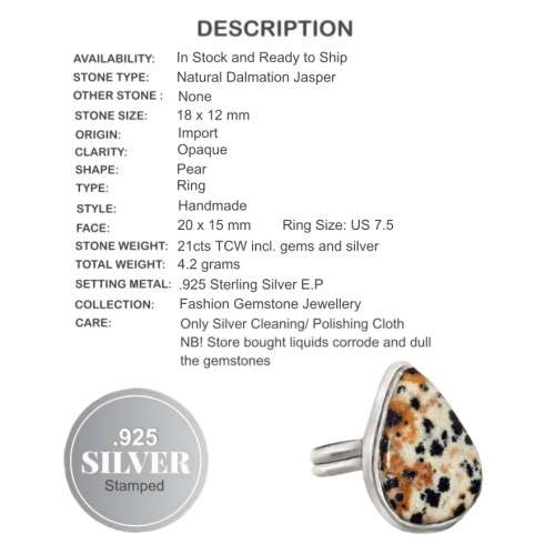 Natural Dalmation Jasper Pear Gemstone set in 925 Sterling Silver Ring Plated Size US 7.5 / P
