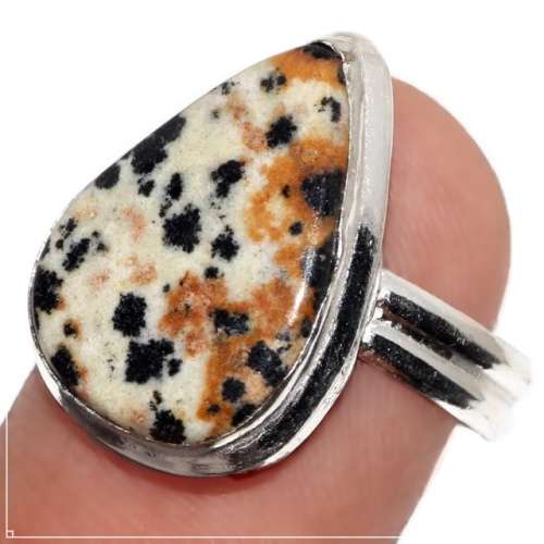 Natural Dalmation Jasper Pear Gemstone set in 925 Sterling Silver Ring Plated Size US 7.5 / P