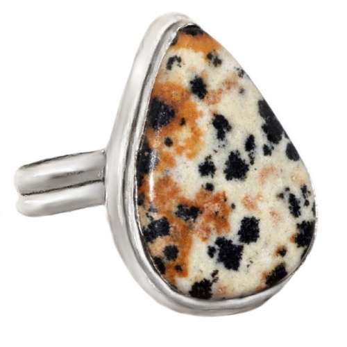 Natural Dalmation Jasper Pear Gemstone set in 925 Sterling Silver Ring Plated Size US 7.5 / P