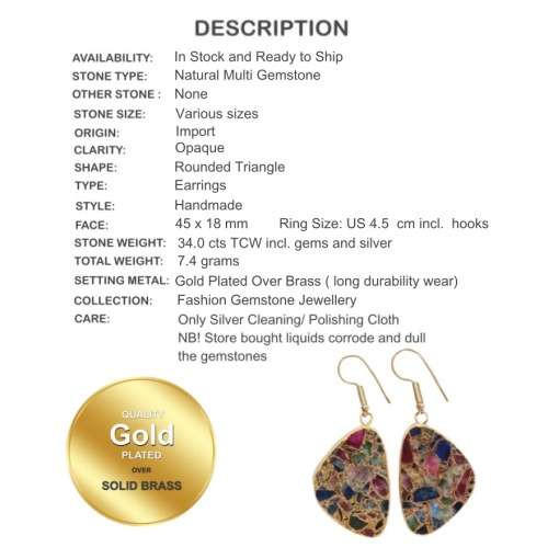 Natural Mixed Gemstone Chips set in Gold Plated Vermeil over Brass Fashion Earrings