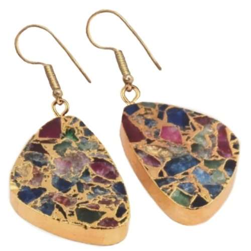 Natural Mixed Gemstone Chips set in Gold Plated Vermeil over Brass Fashion Earrings