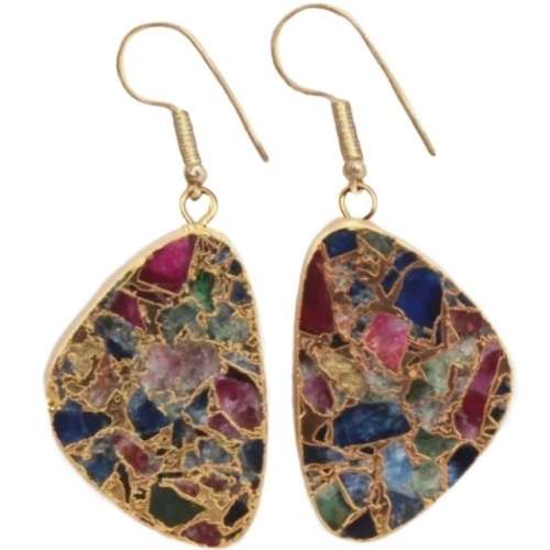 Natural Mixed Gemstone Chips set in Gold Plated Vermeil over Brass Fashion Earrings