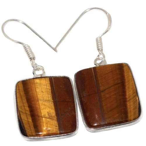 Natural Tigers Eye Rectangle Gemstone .925  Sterling Silver Plated Handmade Earrings