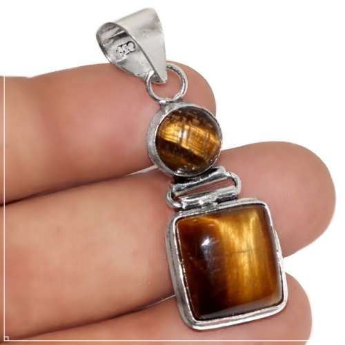 Natural Tigers Eye Mixed Shapes Gemstone .925  Sterling Silver Plated Dainty Pendant
