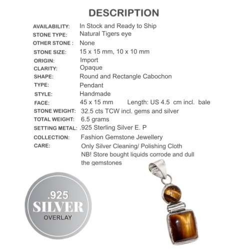 Natural Tigers Eye Mixed Shapes Gemstone .925  Sterling Silver Plated Dainty Pendant
