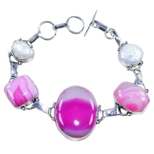 Natural Pink Botswana Lace Agate White River Pearl set in .925 Sterling Silver Plated Earrings