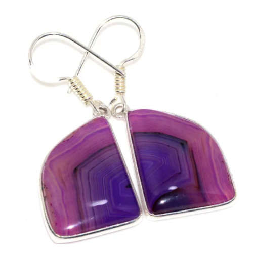 Natural Botswana Lace Agate Gemstone in .925 Sterling Silver Plated Handmade Earrings