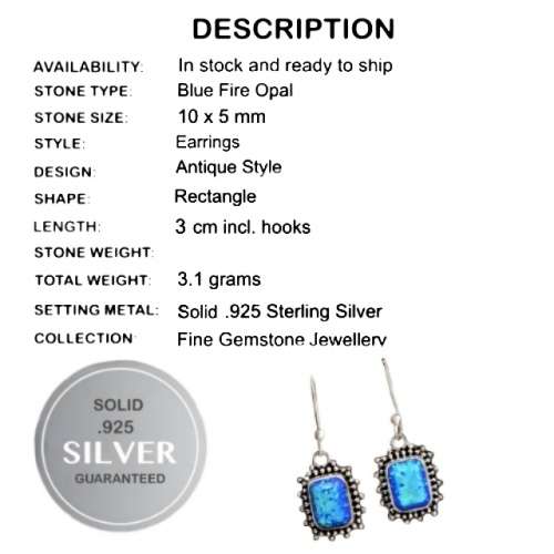 Australian Blue Fire Opal Solid .925 Sterling Silver Earrings
