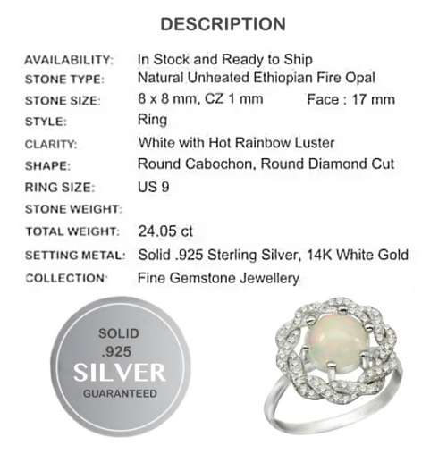 Regal 24.05 cts Ethiopian Fire Opal CZ Gemstone set in Solid .925 Sterling Ring Size 9 or R