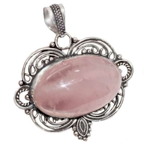 Natural Rose Quartz Gemstone  .925 Sterling Silver Plated Victorian Setting  Pendant