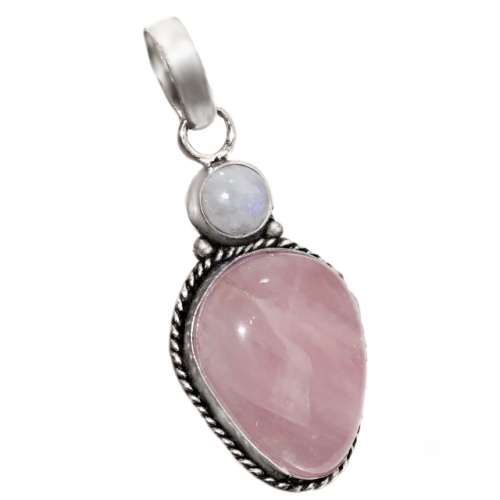 Natural Rose Quartz and Moonstone Gemstone .925 Sterling Silver Plated Pendant