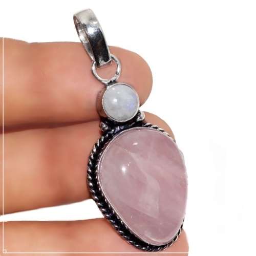 Natural Rose Quartz and Moonstone Gemstone .925 Sterling Silver Plated Pendant