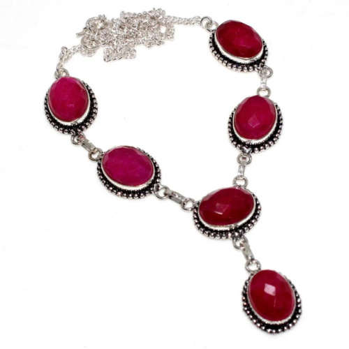 Indian Cherry Ruby  Ovals Set In .925 Sterling Silver Plated Handmade Necklace