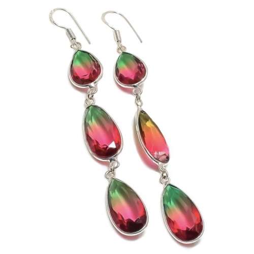 Bi-Colour Tourmaline Pears set in .925 Sterling Silver Plated Long Handmade Earrings