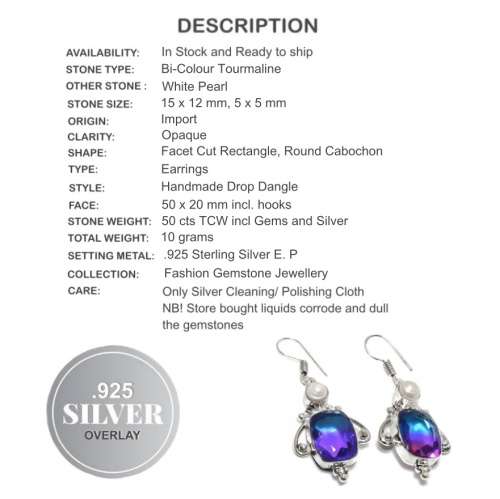 Bi-Colour Tourmaline , White Pearl Gemstone .925 Silver Earrings