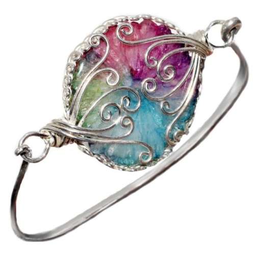 Natural Rainbow Solar Quartz Gemstone  set in 925 Sterling Silver Plated Handmade Bangle