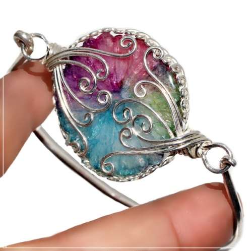Natural Rainbow Solar Quartz Gemstone  set in 925 Sterling Silver Plated Handmade Bangle