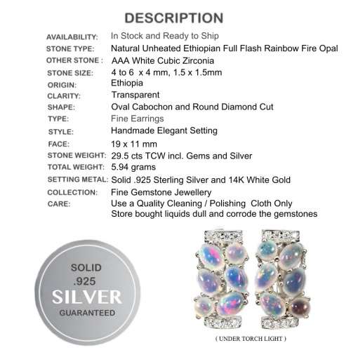 Natural Unheated Rainbow White Fire Opal & White Cubic Z Solid .925 Silver 14K White Gold Earrings