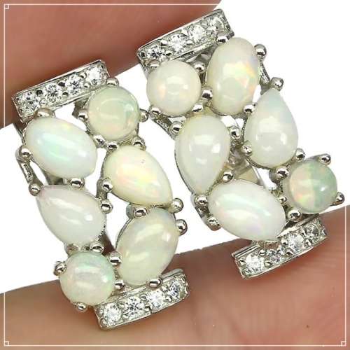 Natural Unheated Rainbow White Fire Opal & White Cubic Z Solid .925 Silver 14K White Gold Earrings