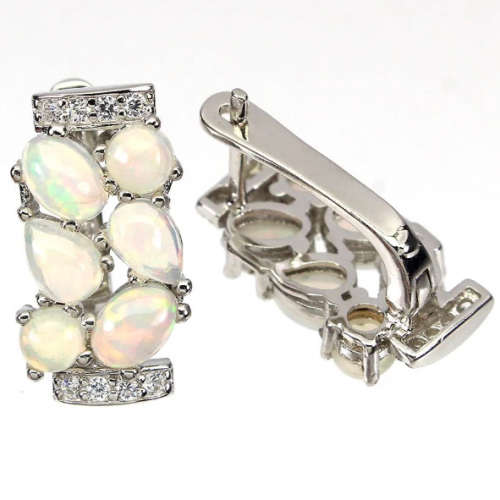 Natural Unheated Rainbow White Fire Opal & White Cubic Z Solid .925 Silver 14K White Gold Earrings