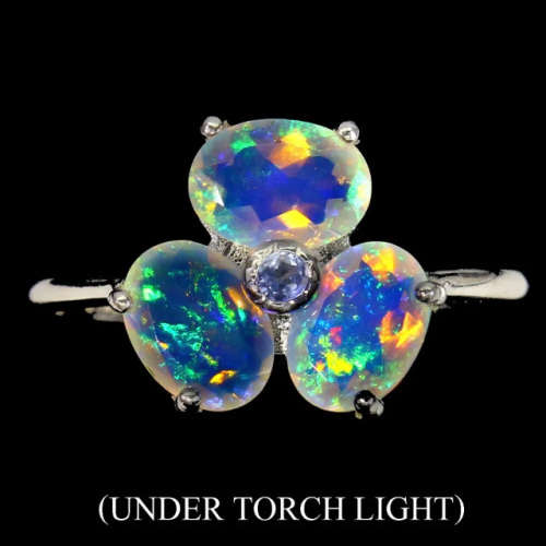 Natural Ethiopian Fire Opal and Tanzanite Gemstone Solid .925 Sterling White Gold Ring Size 8 /Q