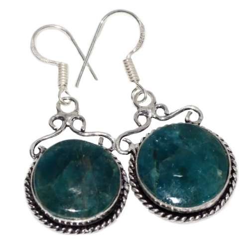 Natural Neon Blue Apatite Round Gemstone set in .925 Sterling Silver Plated Drop Dangle Earrings