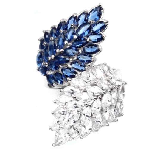63,81 cts Deluxe Blue and White Cubic Zirconia in Solid 925 Silver 14K White Gold Ring Size 7 / O