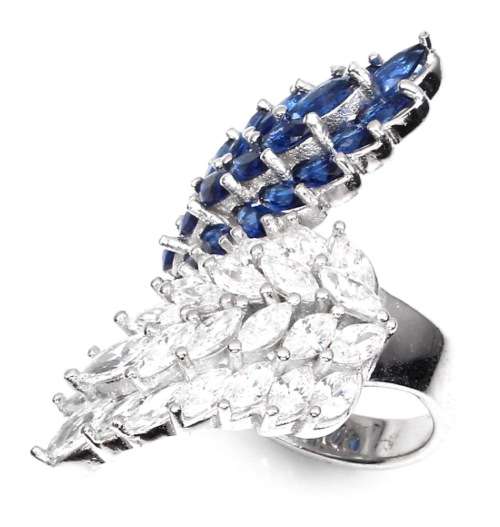 63,81 cts Deluxe Blue and White Cubic Zirconia in Solid 925 Silver 14K White Gold Ring Size 7 / O