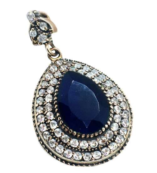 Turkish Two Tone Natural Indian Sapphire and White Topaz set In Solid. 925 Sterling Silver Pendant