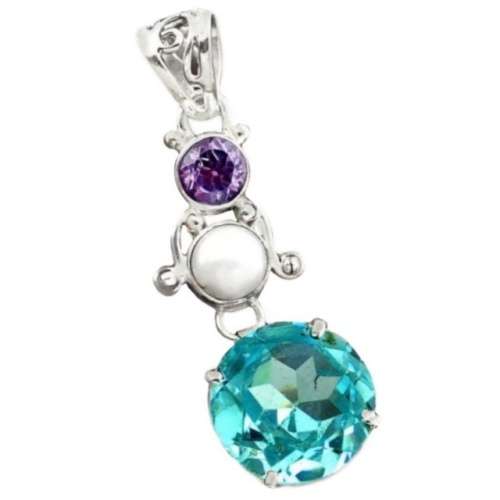 14.31 cts Sky Blue Topaz Pearl and Purple Amethyst Solid set in Solid .925 Sterling Silver Pendant