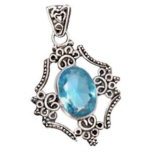 Indonesian Bali- Java Natural Blue Topaz Oval Gemstone set in Solid .925 Sterling Silver Pendant