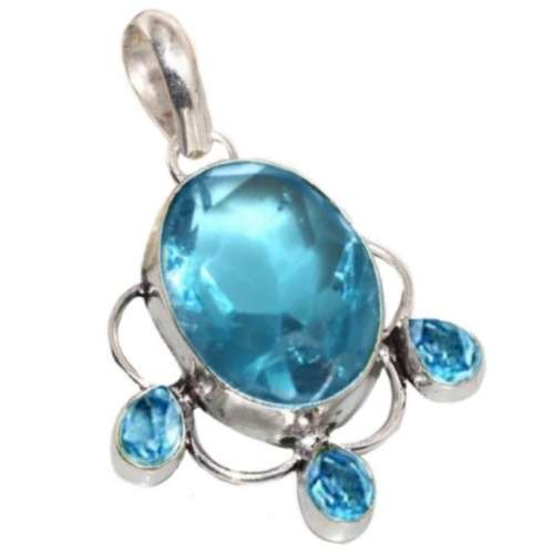 Spectacular Swiss Blue Topaz set in .925 Sterling Silver Plated Handmade Pendant