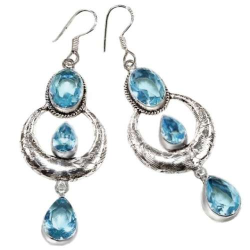 Blue Topaz Mixed Shape Gemstones set in .925 Sterling Silver Plated Handmade Long Earrings