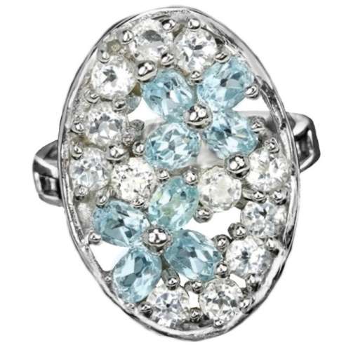 Natural Sky Blue Topaz, White Cubic Zirconia Gemstone in Solid .925 Sterling Silver Ring Size 7.75