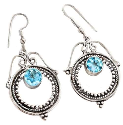 Swiss Blue Topaz Gemstone set in .925 Sterling Silver Plated Antique Style Handmade Earrings