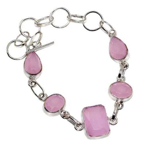 Dainty Mixed Shapes Pink Chalcedony Gemstone .925 Sterling Silver Plated Bracelet