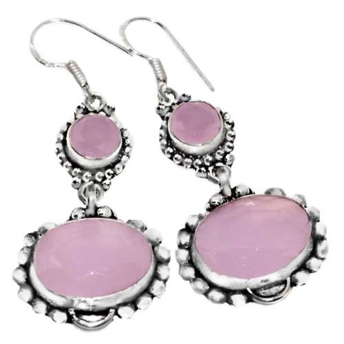 Natural Pink Chalcedony Mixed Shapes set in .925 Sterling Silver Plated Antique Style Earrings
