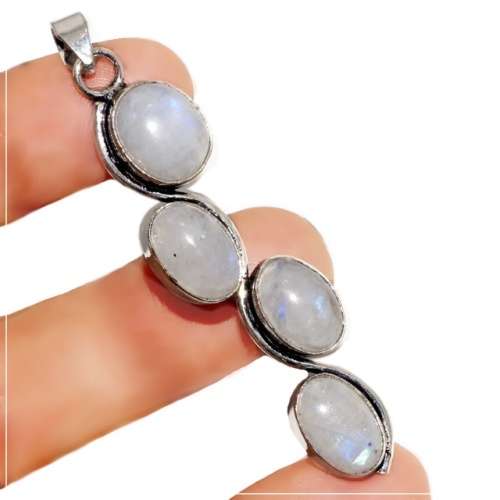 Natural Rainbow Moonstone Oval Cabochon set in .925 Sterling Silver Plated Handmade Pendant