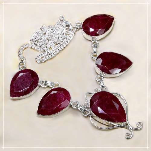 Indian Ruby Pear Shapes Set In .925 Sterling Silver Plated Handmade Necklace
