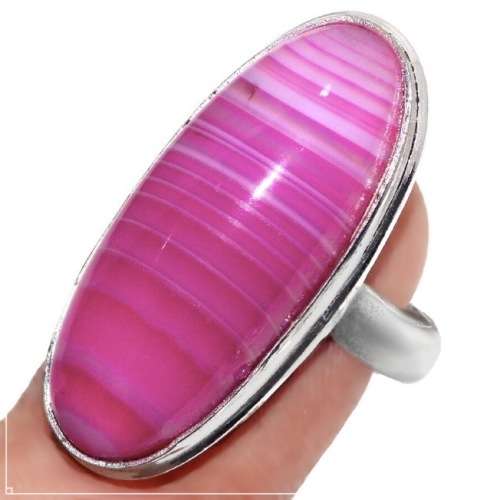 Beautiful Natural Pink Lace Botswana Agate Oval Gemstone .925 Sterling Silver Plated Ring Size 8 / Q