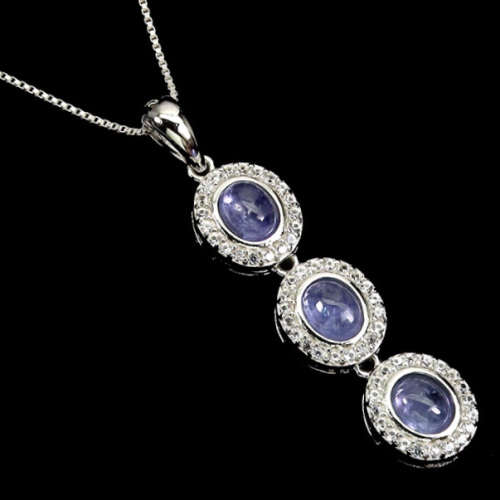 Rare Earth Mined Unheated Tanzanite AAA White Cubic Zirconia  Solid .925 Silver Necklace