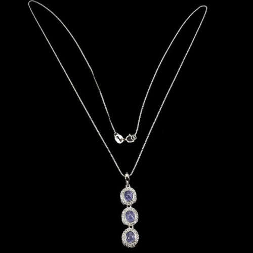 Rare Earth Mined Unheated Tanzanite AAA White Cubic Zirconia  Solid .925 Silver Necklace