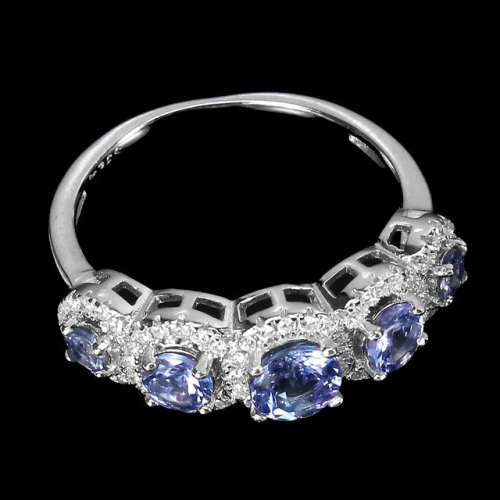 Natural Unheated Tanzanite and AAA White Cubic Zirconia Ring in Solid .925 Silver Size US 8 /Q