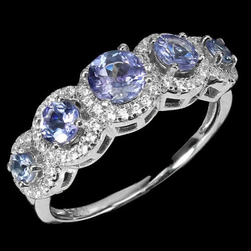 Natural Unheated Tanzanite and AAA White Cubic Zirconia Ring in Solid .925 Silver Size US 8 /Q