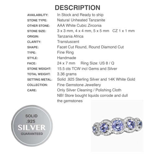 Natural Unheated Tanzanite and AAA White Cubic Zirconia Ring in Solid .925 Silver Size US 8 /Q