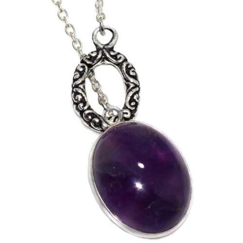 Natural Purple Amethyst Oval set in .925 Sterling Silver Plated antique Style Dainty Necklace