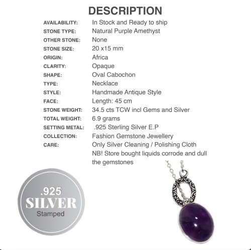 Natural Purple Amethyst Oval set in .925 Sterling Silver Plated antique Style Dainty Necklace